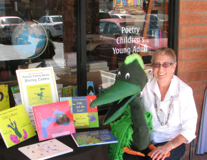 Pelican Family Series Author Shirley Castro with Pelly the Pelican at a Bookstore presentation